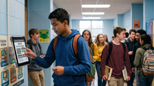 a high school student in the hallway using a digital hall pass kiosk