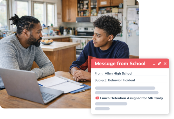 Parent discusses a Minga notification he received from his son's school regarding a behavior incident.