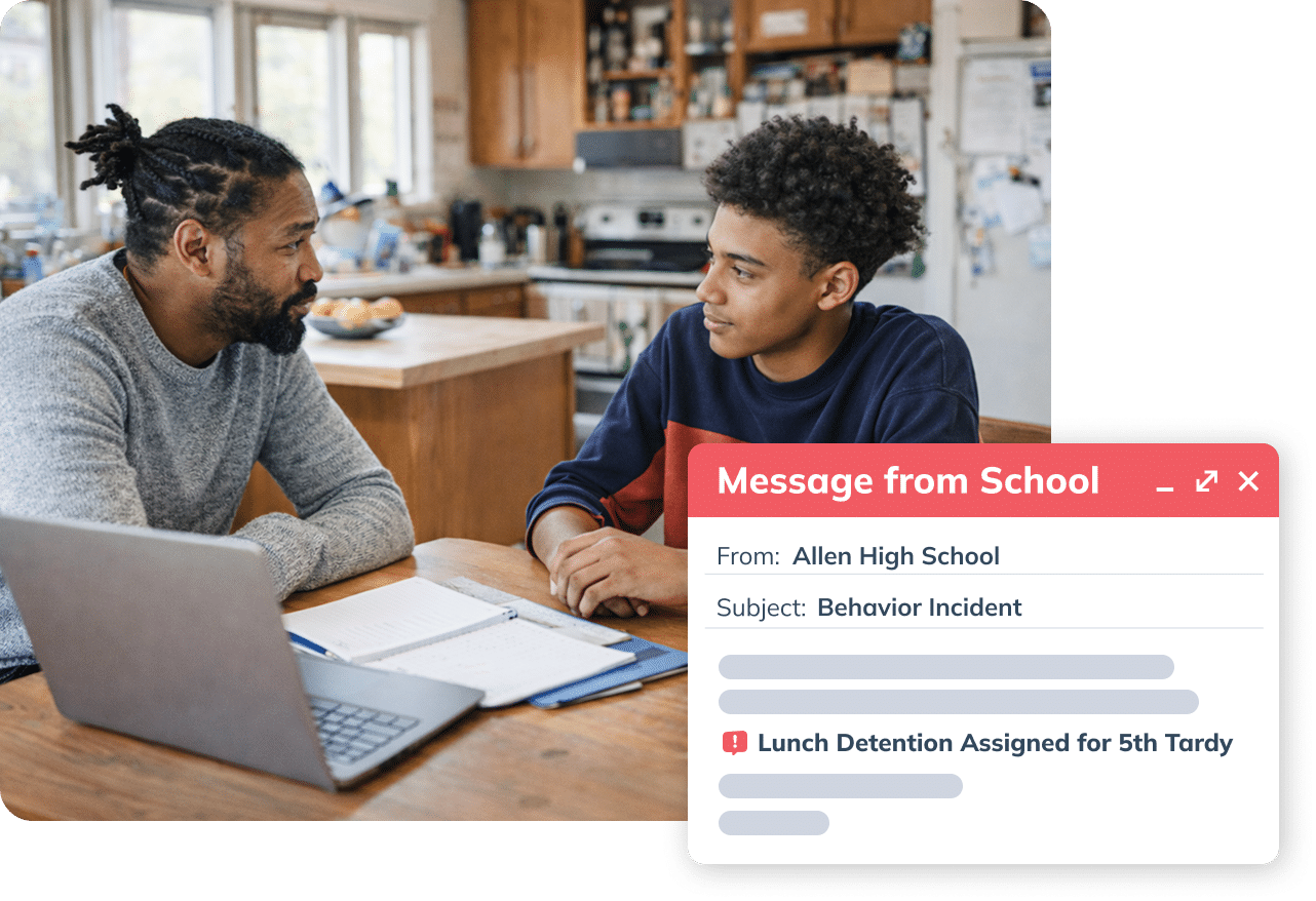 Parent discusses a Minga notification he received from his son's school regarding a behavior incident.