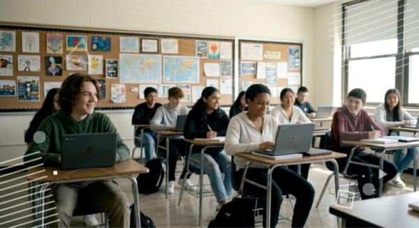 students in a classroom on their chromebooks for a blog post about students using digital hall passes