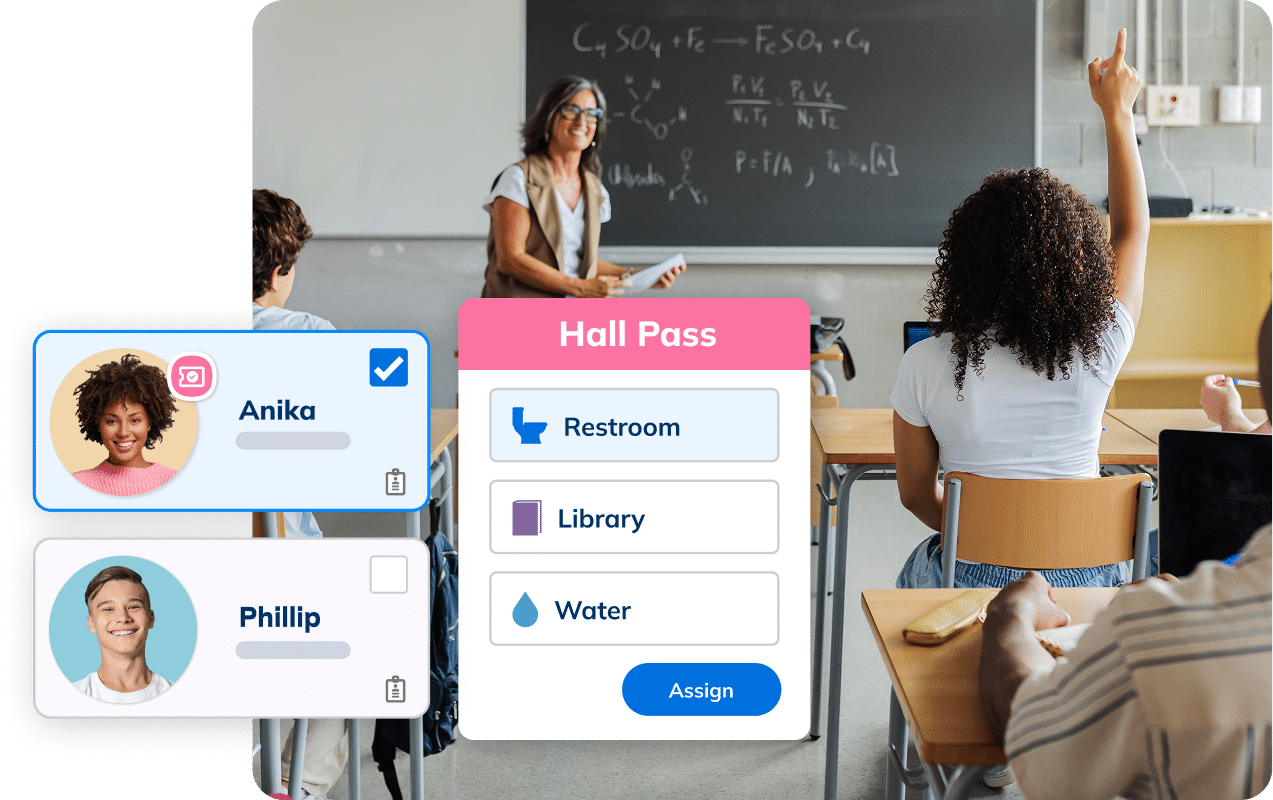 Student raising her hand in class with an overlapping Minga widget showing hall pass options