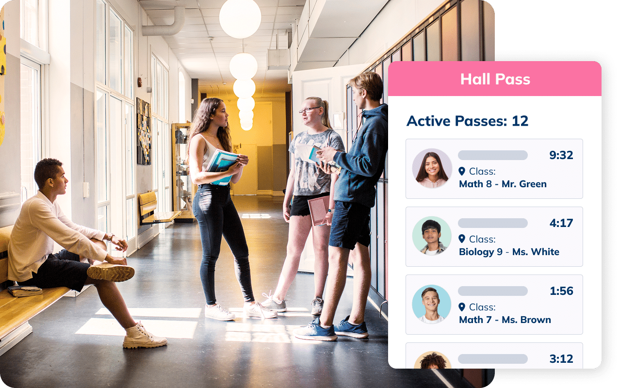 Students in a school hallway with an overlapping Minga widget showing active hall passes and return times