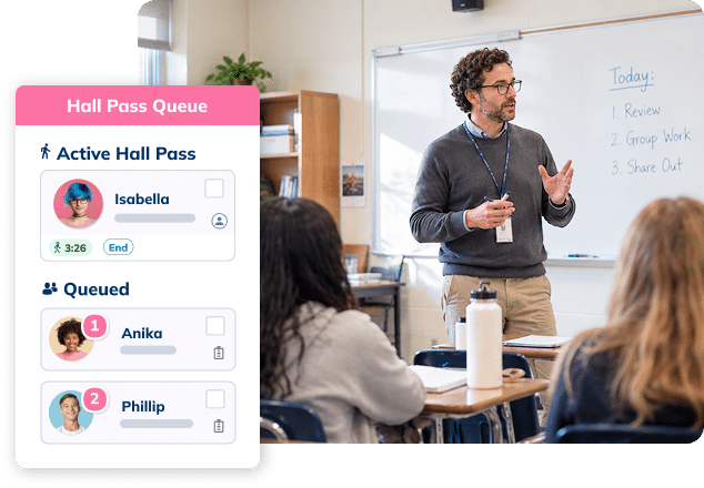 Teacher leading a class with an overlapping Minga widget showing active and queued student hall passes