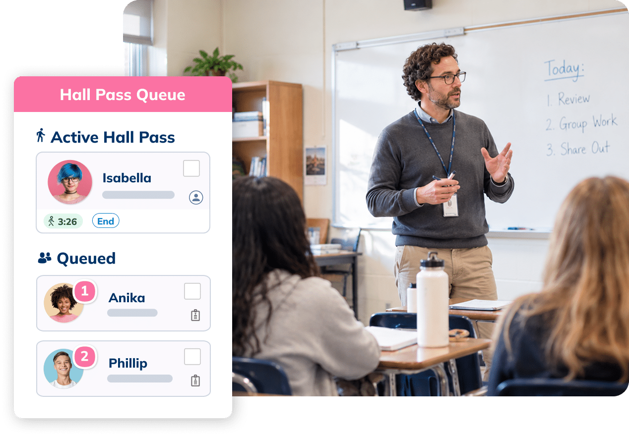 Teacher leading a class with an overlapping Minga widget showing active and queued student hall passes