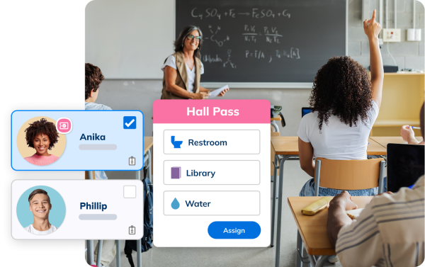 Teacher assigns a digital hall pass to student during class using Minga to avoid disruptions.