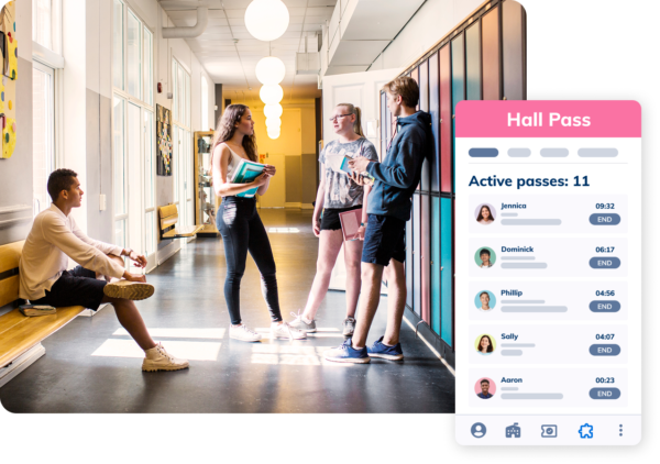 Minga's hallway management solution showing which students have active hall passes, how long they have been out of class, and their hallway behavior