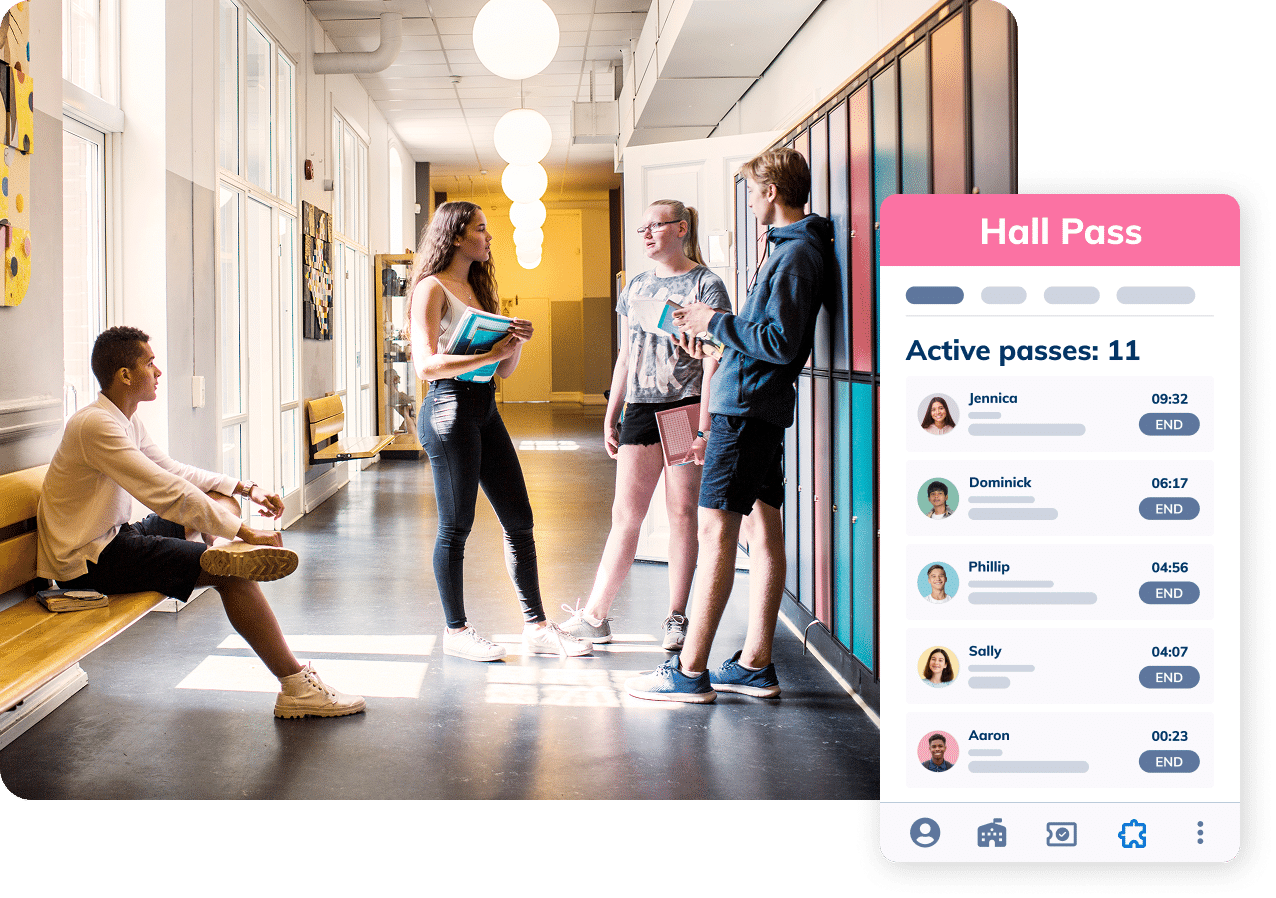 Minga's hallway management solution showing which students have active hall passes, how long they have been out of class, and their hallway behavior