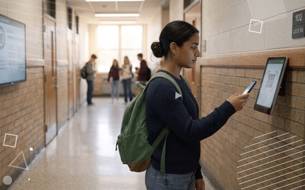 a student scanning in as tardy at a tardy kiosk outside a classroom