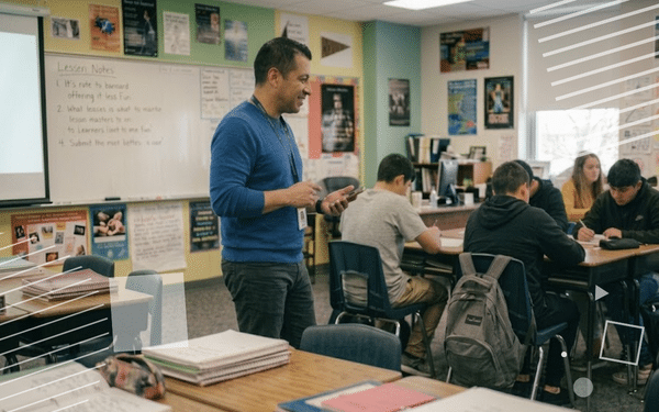 A high school teacher holding a phone and issuing points and praise while students work at desks in a busy classroom