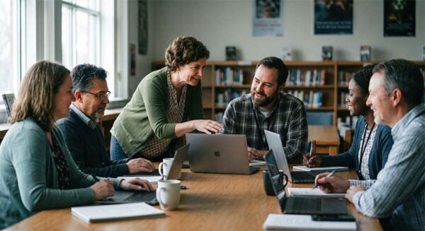 A group of high school admins and teachers gathered around a desk during a PD session about new technology rollout