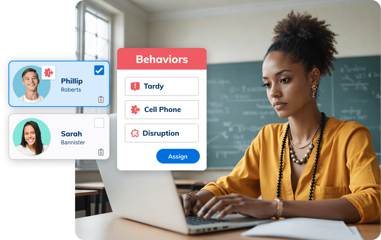 Teacher uses Minga's Behavior Management tools to track negative behaviors like tardies, cell phone use, and disruptions.