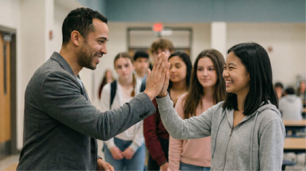 A teacher and student giving each other a high five