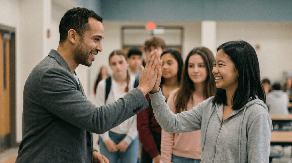 A teacher and student giving each other a high five