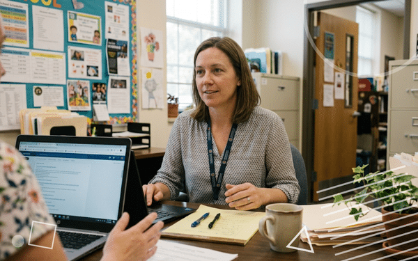 A candid photo of a high school principal at her busy desk, turning to speak with a colleague visible in the foreground.