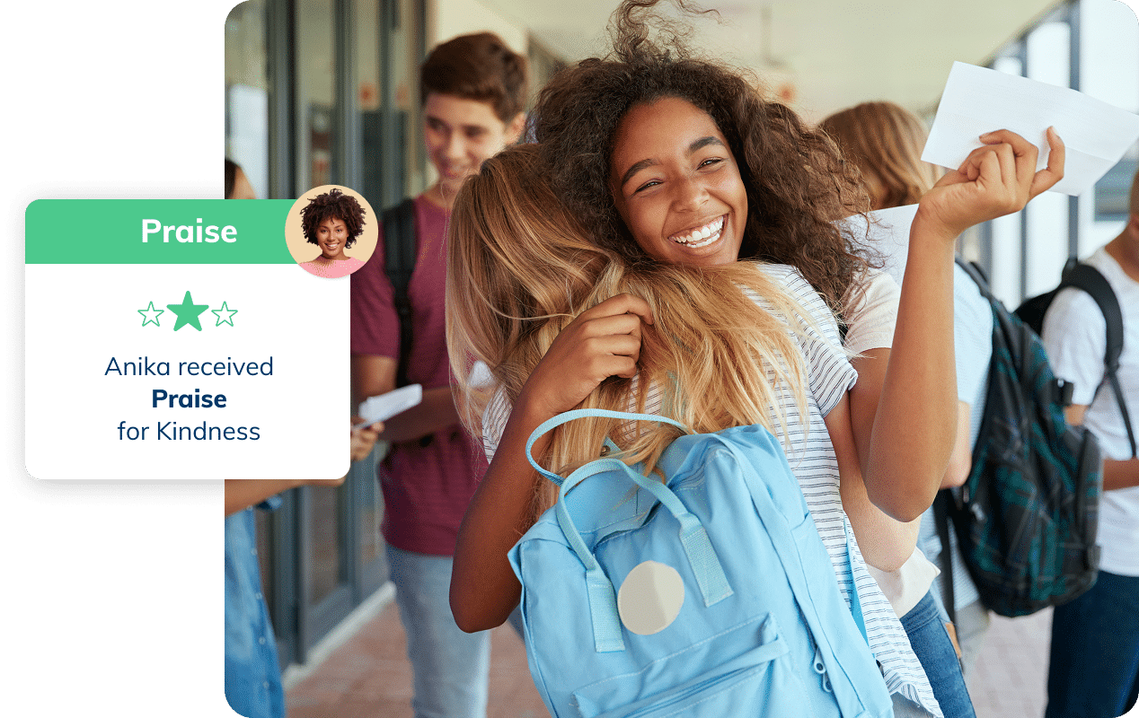 Student receives a digital praise from a teacher through Minga and celebrates with a friend.