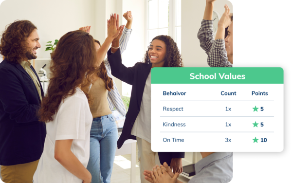 Students celebrate school values as they receive points from their teacher for showing respect, kindness, and being on time.