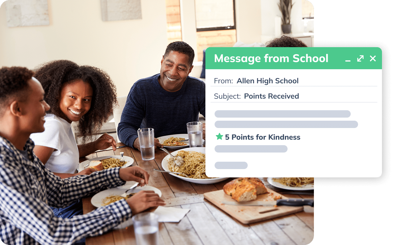 Parents celebrates a notification from Minga that stated their son received 5 points for kindness at school.