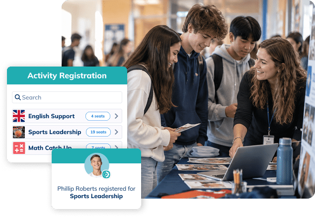 Students exploring school activities with Minga activity registration and available spaces displayed