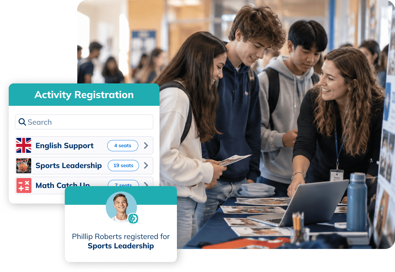 Students exploring school activities with Minga activity registration and available spaces displayed