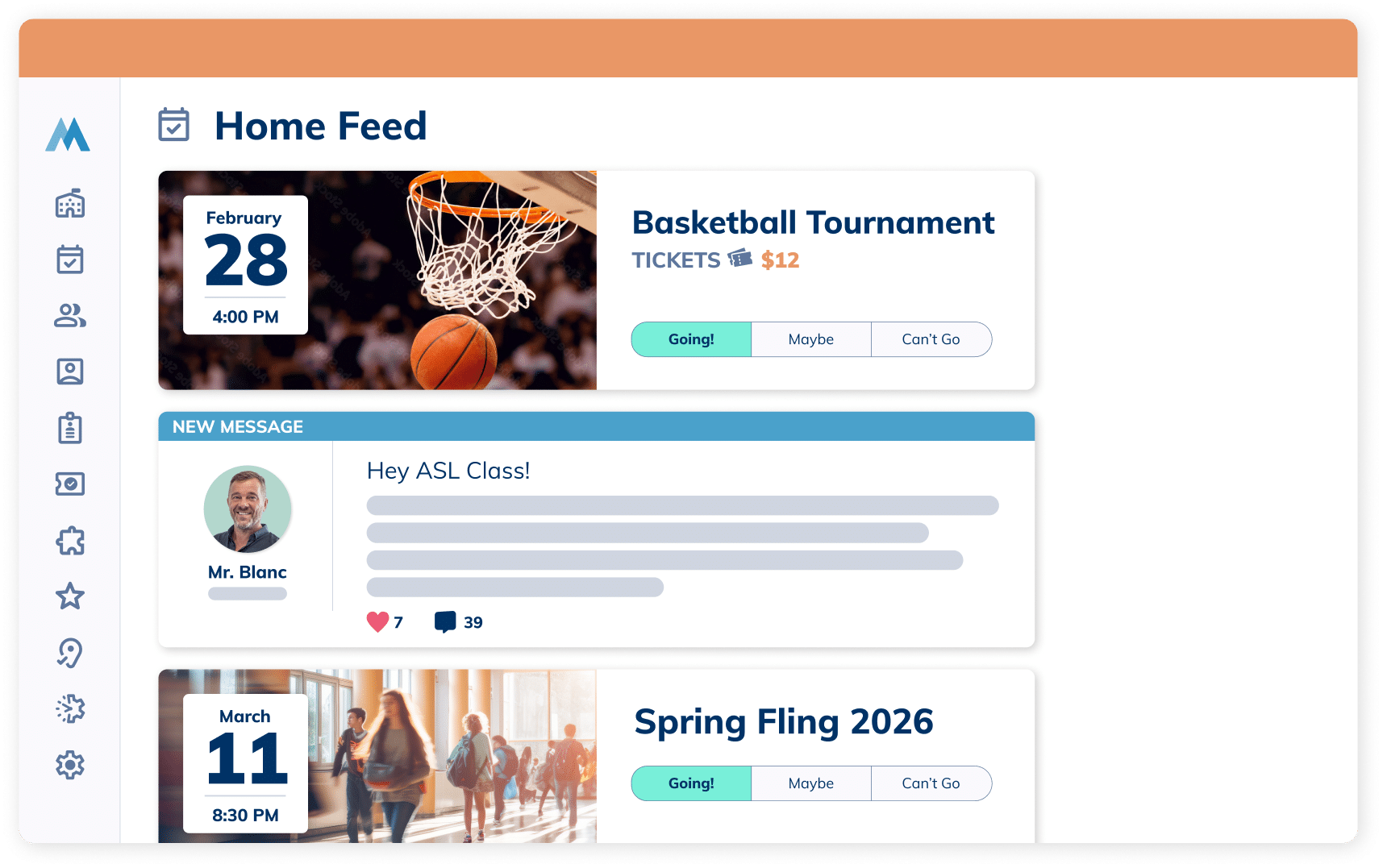 Minga's school event management and community dashboard where teachers and students can get involved with the school community.