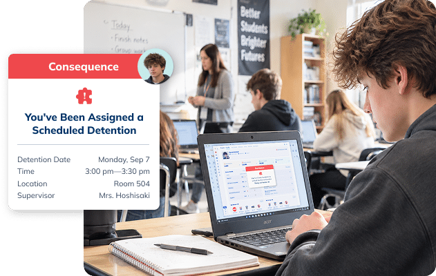 Alt text: Student receiving a scheduled detention notification in Minga while working on a laptop in class.