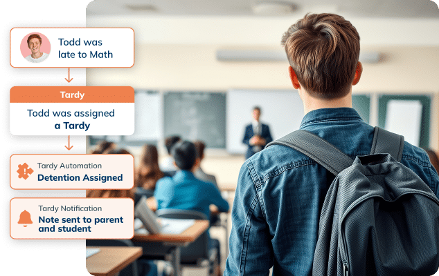 Student arriving late to class with Minga automatically assigning a consequence and sending notifications