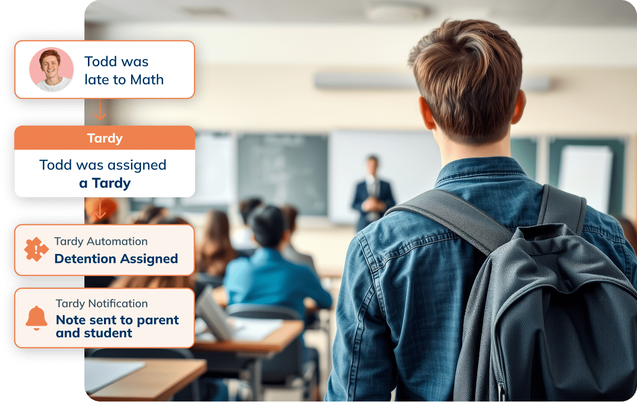 Student arriving late to class with Minga automatically assigning a consequence and sending notifications