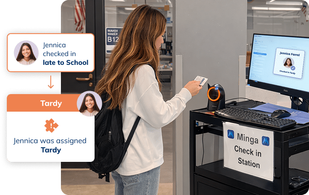 Student scanning her ID at a Minga check-in station and automatically being marked tardy