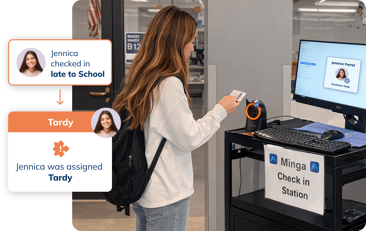 Student scanning her ID at a Minga check-in station and automatically being marked tardy