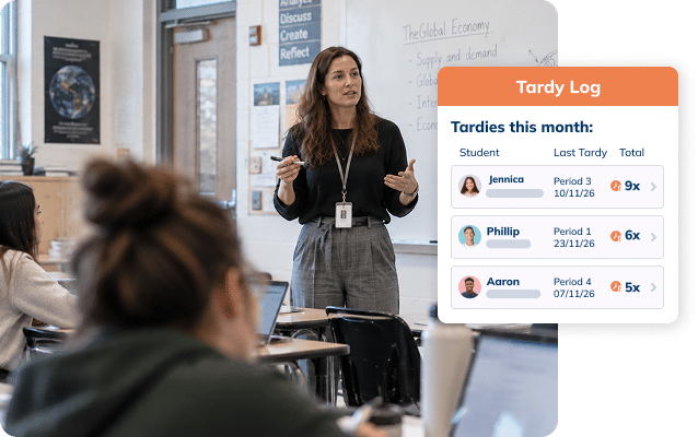 Teacher in a classroom with Minga displaying a log of student tardies