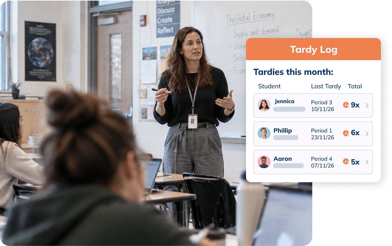 Teacher in a classroom with Minga displaying a log of student tardies