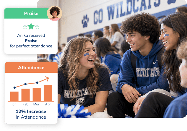 Students connecting at a school event with Minga praise and attendance insights displayed