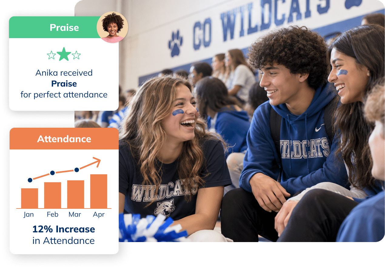 Students connecting at a school event with Minga praise and attendance insights displayed