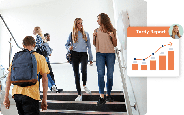 Students walking between classes with Minga tardy reporting and trend insights displayed