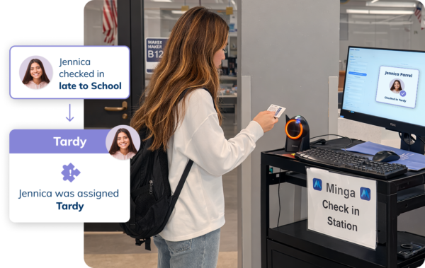 Student checks in late to school and receives a tardy from Minga.