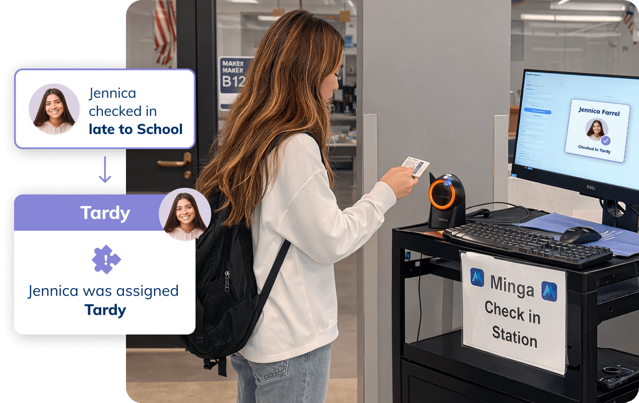 Student checks in late to school and receives a tardy from Minga.