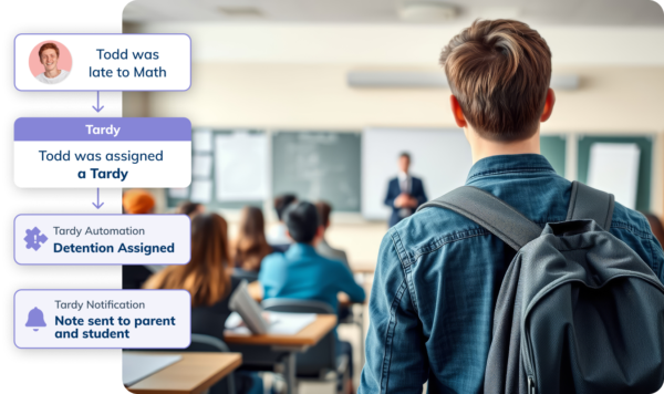 Student arrives late to math class and checks in tardy using Minga, causing a tardy detention and parent notification to be sent.