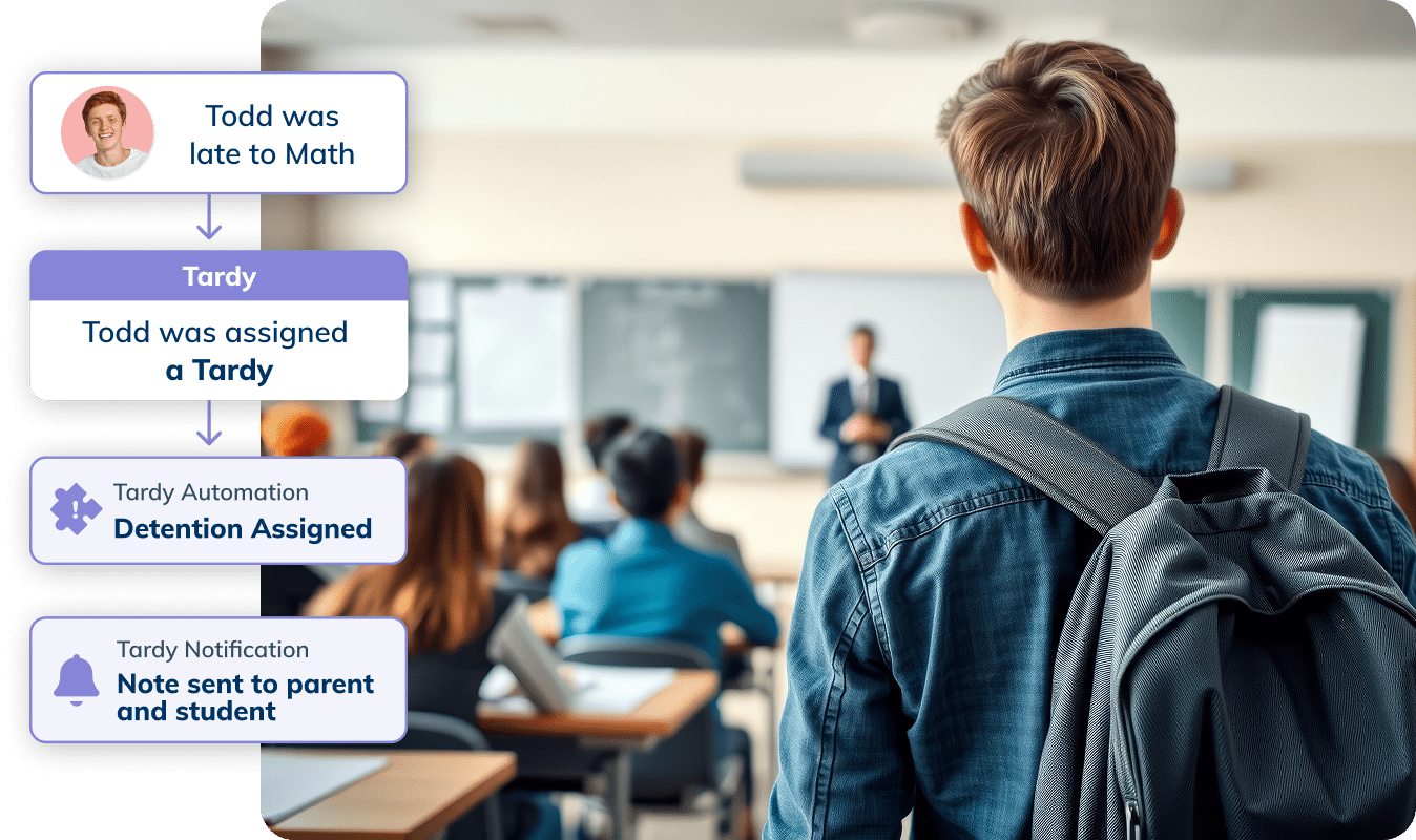 Student arrives late to math class and checks in tardy using Minga, causing a tardy detention and parent notification to be sent.
