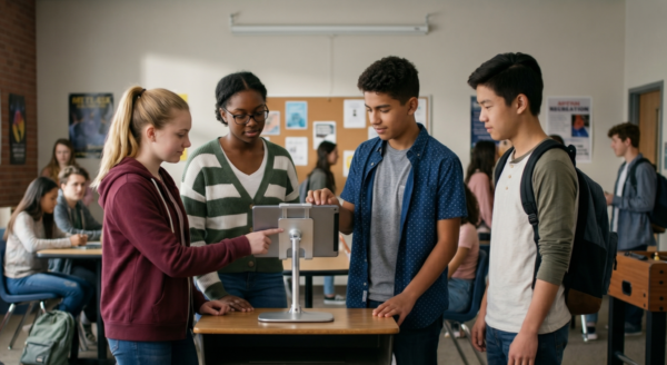 high school students using a shared device (tablet) to issue a hall pass