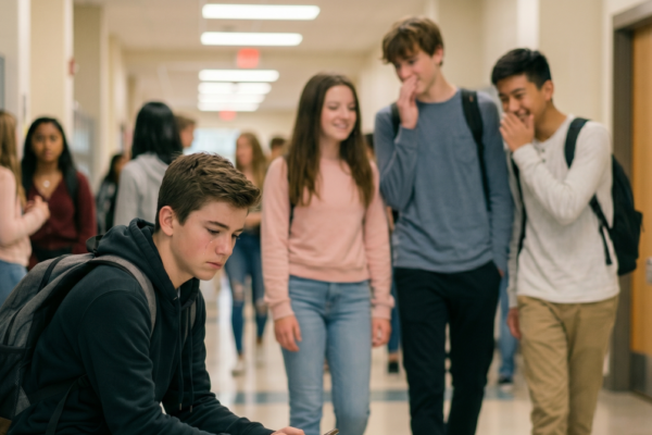 kids in a high school hallway making fun of another kid, to highlight bullying in schools