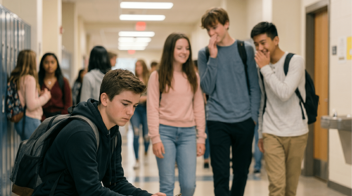 kids in a high school hallway making fun of another kid, to highlight bullying in schools