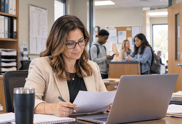 School administrator reviewing documents and student information at her desk.