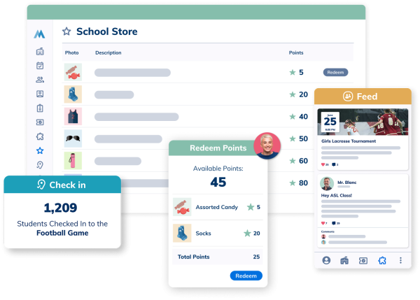 This dashboard connects student points to school store redemptions and community activities. It also highlights event management features like promotion, sign-ups, and event check-ins.