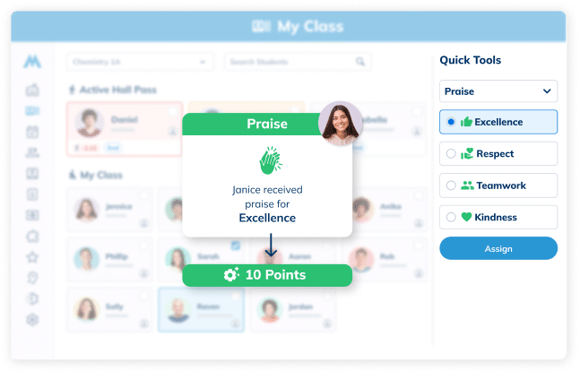 Minga's My Class dashboard displaying assigning a student a praise and points