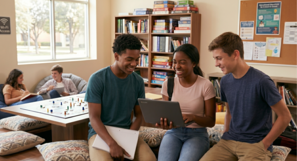 3 students sitting around a computer in a high school rec room. Image used for a blog post about student data, student privacy, and surveillance