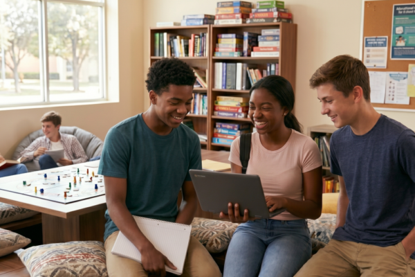 3 students sitting around a computer in a high school rec room. Image used for a blog post about student data, student privacy, and surveillance
