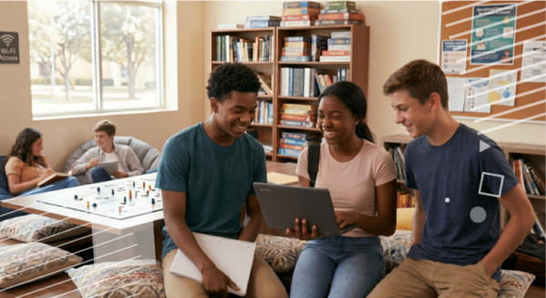 3 students sitting around a computer in a high school rec room. Image used for a blog post about student data, student privacy, and surveillance