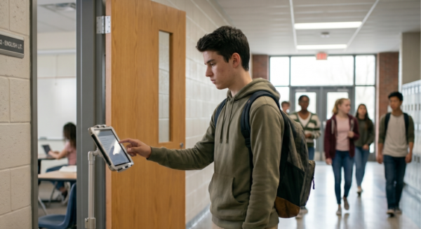 A student using a shared tablet/device outside a classroom door
