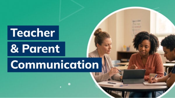 Image showing a school setting with teacher and parent communication between a teacher, mom and student