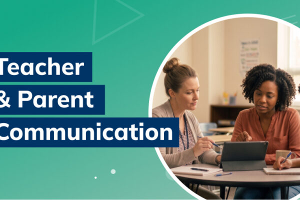 Image showing a school setting with teacher and parent communication between a teacher, mom and student